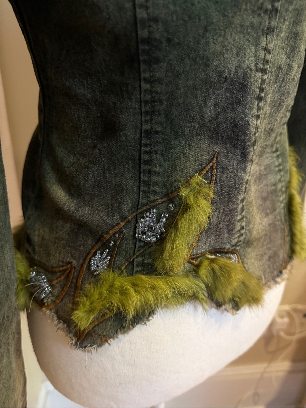 Rabbit Fur Olive Denim Jacket - Picture 6 of 7